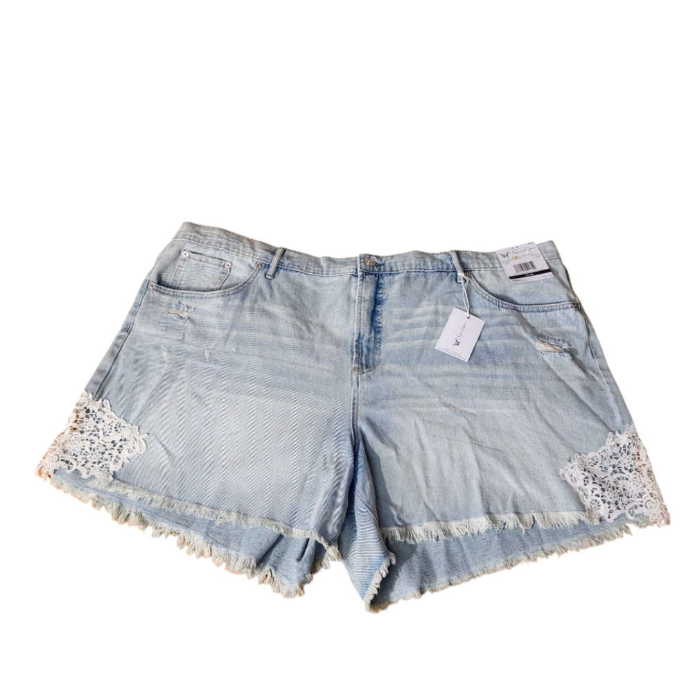 Women's Light Blue Denim Shorts with Lace Trim